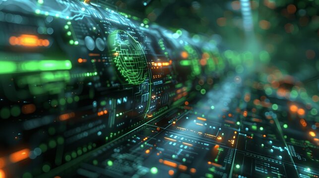 Web Development and Coding Abstract Background with Code Lines High Resolution Dark Blue Green Technology Atmosphere Detailed Sharp Focus 3D Rendering