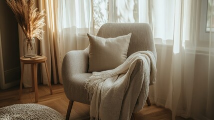 Fototapeta premium Cozy Living Room Chair with Soft Textiles