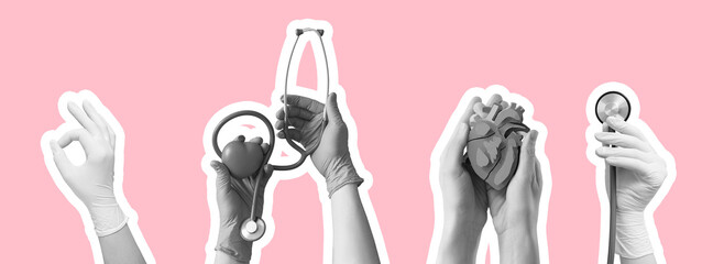 Hands holding stethoscope and hearts on pink background