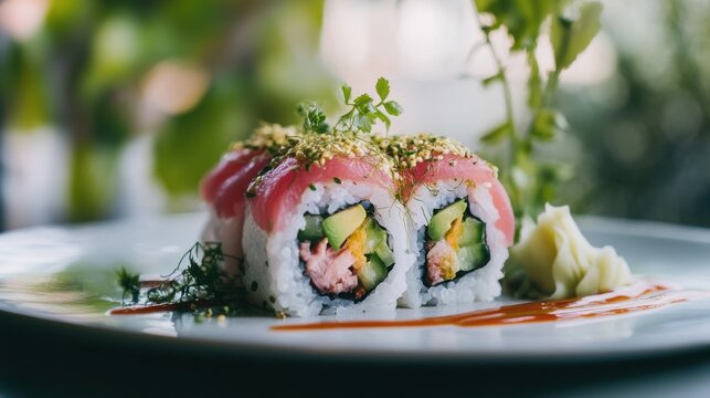 These freshly made sushi rolls are beautifully arranged on a rustic wooden table, showcasing vibrant ingredients like avocado, fish, and colorful vegetables, creating a tempting culinary delight.