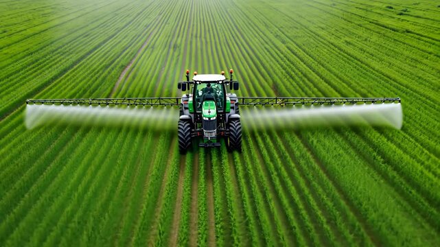 Tractor Spraying Pesticides Aerial View on Vibrant Green Rice Field, Precision Farming Technology, Sustainable Agriculture, High-Yield Crops, Modern Agronomy