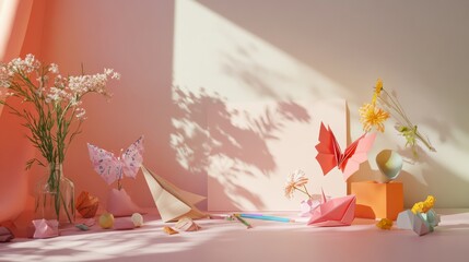 World Origami Day Banner Background and Blank Mockup Template for Advertisement or Social Media with Cute Illustration