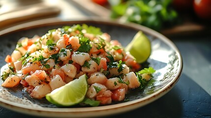 Fresh ceviche with diced fish, cilantro, and lime wedges, served on a clean, light-colored plate, bright daylight highlighting the colors and textures, crisp, refreshing, and appetizing style.