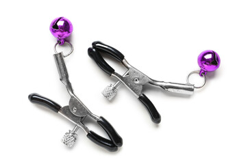 Purple nipple clamps from sex shop on white background