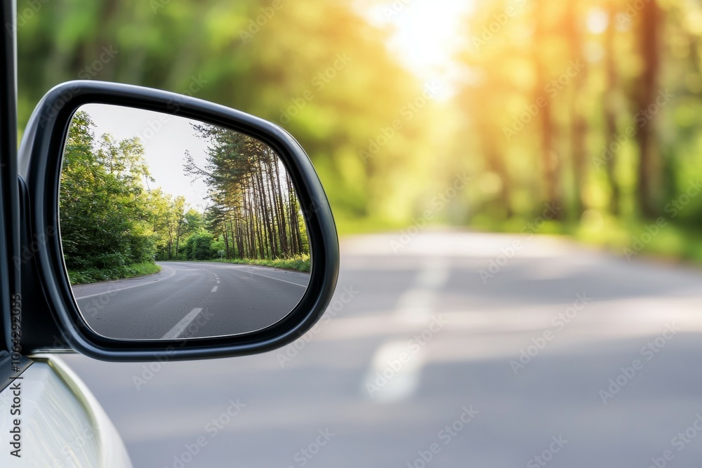Poster a car's rear view mirror shows a road with trees in the background