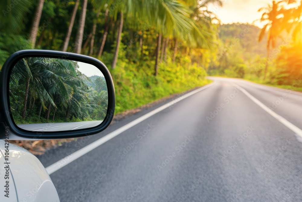 Poster a car is driving down a road with a view of the trees in the background