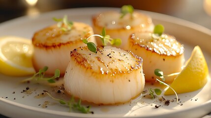 Freshly shucked scallops on a white plate, decorated with lemon wedges and microgreens, diffused sunlight adding a gentle glow, close-up focus capturing details of the shell and scallop,