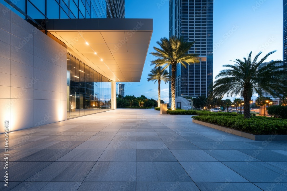 Poster a large building with a glass front and a large open courtyard