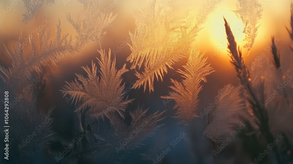 Poster frost patterns forming on window pane during sunrise create stunning visual. delicate ice crystals r