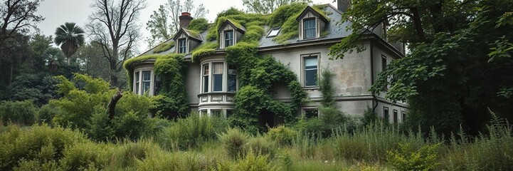 Abandoned mansion with overgrown vegetation, windows shattered, overgrown vegetation