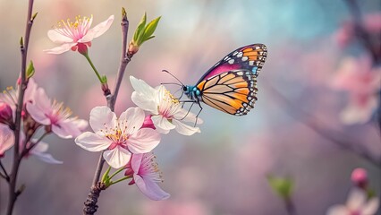 A delicate butterfly with vibrant wings rests upon a soft pink blossom, surrounded by a gentle aura of springtime beauty.