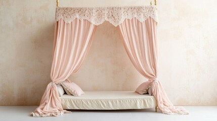 An empty scene featuring blank mockup template (pastel-colored canopy bed with lace curtains for National Princess Day Mock Up Background Template),