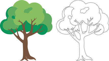 Green Tree Illustration with Coloring Page Outline