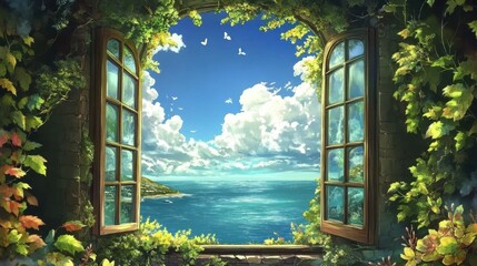 Serene Ocean View Through Framed Open Windows