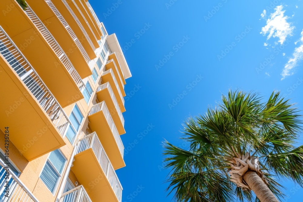 Poster a tall building with a palm tree in front of it