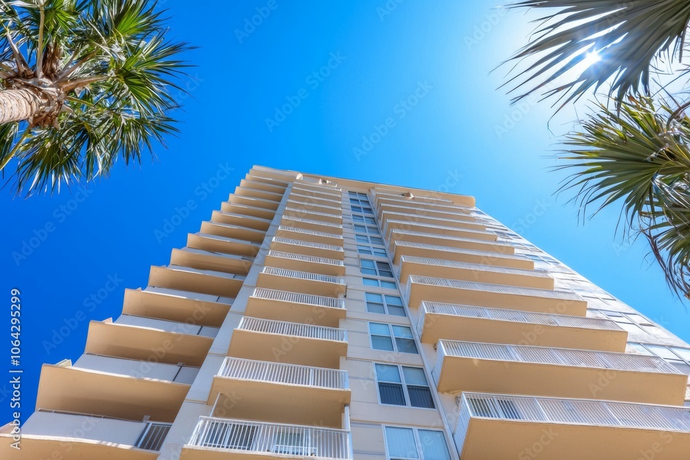 Poster a tall building with a balcony and a palm tree in the background