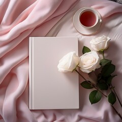 top view of white note book cover, white roses, a cup of tea on pink clean bed sheet 