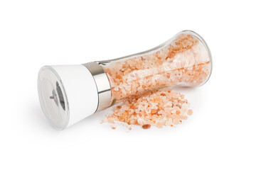 Glass jar with pink Himalayan salt on white background