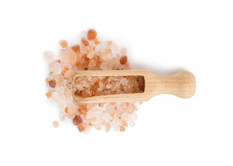 Wooden scoop with pink Himalayan salt on white background