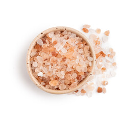 Bowl with pink Himalayan salt on white background