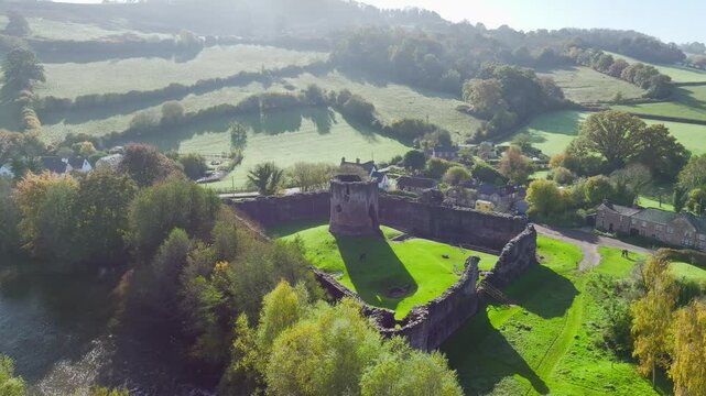 Skenfrith Castle from a drone, Monmouthshire, Wales, England