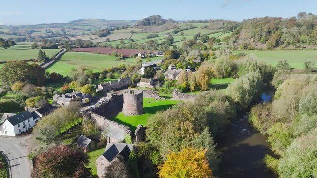 Skenfrith Castle from a drone, Monmouthshire, Wales, England