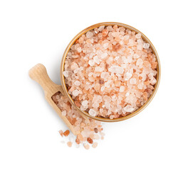 Bowl and wooden scoop with Himalayan pink salt on white background