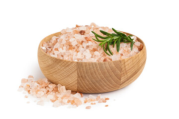 Wooden bowl with Himalayan pink salt and rosemary on white background - Powered by Adobe