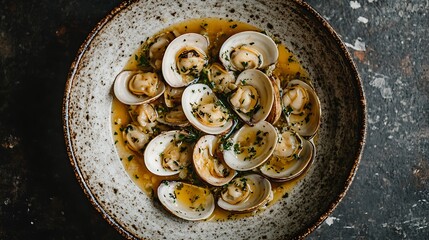 Overhead view of steamed clams in a light, aromatic white wine broth with garlic and herbs, served in a clean ceramic bowl, soft natural lighting capturing freshness and subtle shadows,