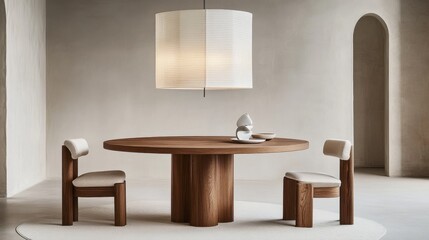 Modern wooden dining table with stylish chairs and lamp