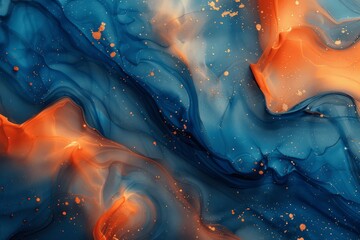 Obraz premium Translucent liquid patterns with metallic swirls, foamy color sprays, luxury abstract fluid art in blue and orange with gold splashes