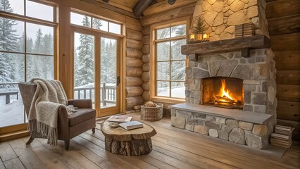 Warmth radiates from a crackling fireplace, inviting relaxation in a cozy cabin surrounded by snow-covered trees and natural wood accents.