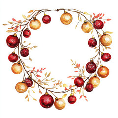 Watercolor Christmas garland with red and gold baubles, perfect for festive decor