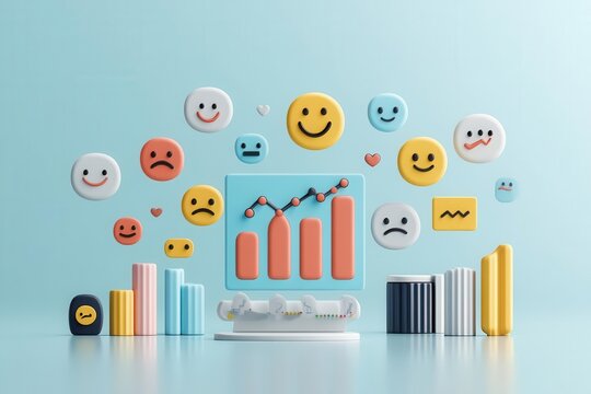 Consumer sentiment analysis with emotive icons and colorful charts, personalized insights, 3D illustration