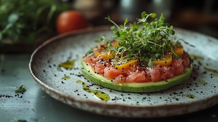 Tuna tartare with avocado and microgreens, served on a simple ceramic plate, soft natural light accentuating fresh textures, minimalist styling with vibrant colors, appetizing presentation. --ar 16:9