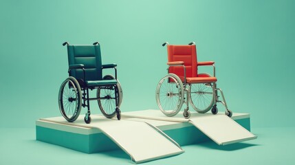Fototapeta premium Colorful Wheelchairs on Ramps in Calm Environment