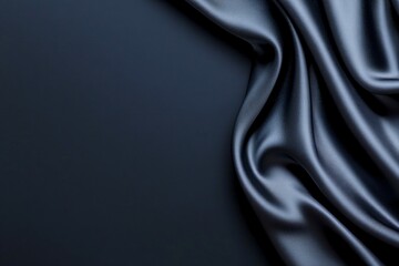 Smooth wavy black silk or satin fabric. Luxury concept. Dark elegant material texture. Background with space for design, text, product. Flat lay, top view
