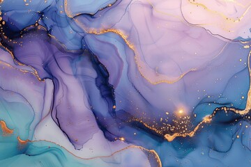 Naklejka premium Elegant Blue and Purple Fluid Art with Golden Swirls in Pastel Colors, Abstract Alcohol Ink Painting with Transparent Waves, Tender and Dreamy Artwork for Posters and Printed Materials