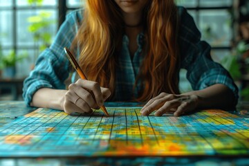 Fototapeta premium Businesswoman planning event schedule on office calendar using mobile phone and pen colorful stickers on desktop working on agenda and timetable