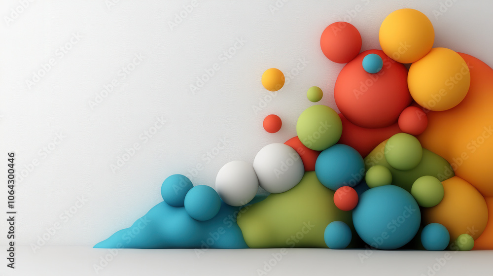 Poster colorful abstract shapes create dynamic composition with spheres and curves, showcasing vibrant hues