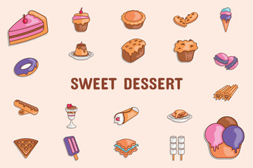 Sweet Dessert Lineal Color Vector Illustration Icon Sticker Set Design Materials