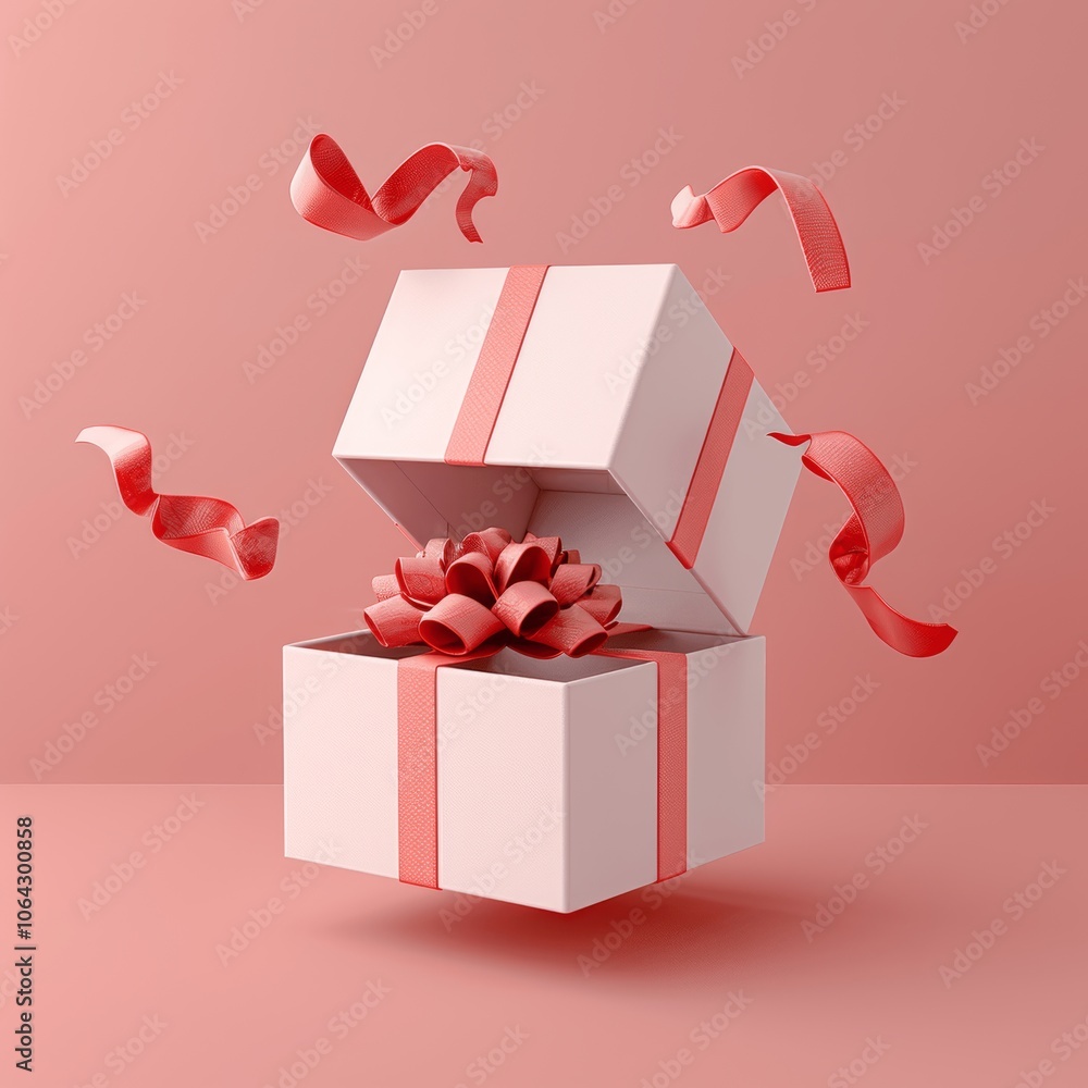 Poster minimalistic open white gift box with red ribbon floating on pink background high resolution isometr