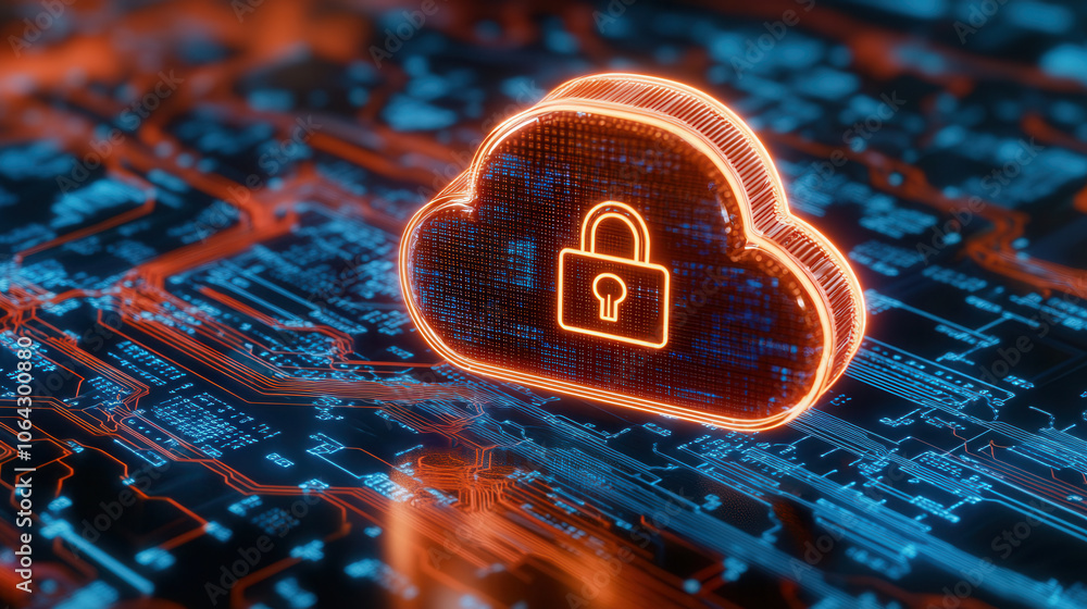Poster secure cloud environment with ai elements, featuring glowing lock symbol. this digital illustration 