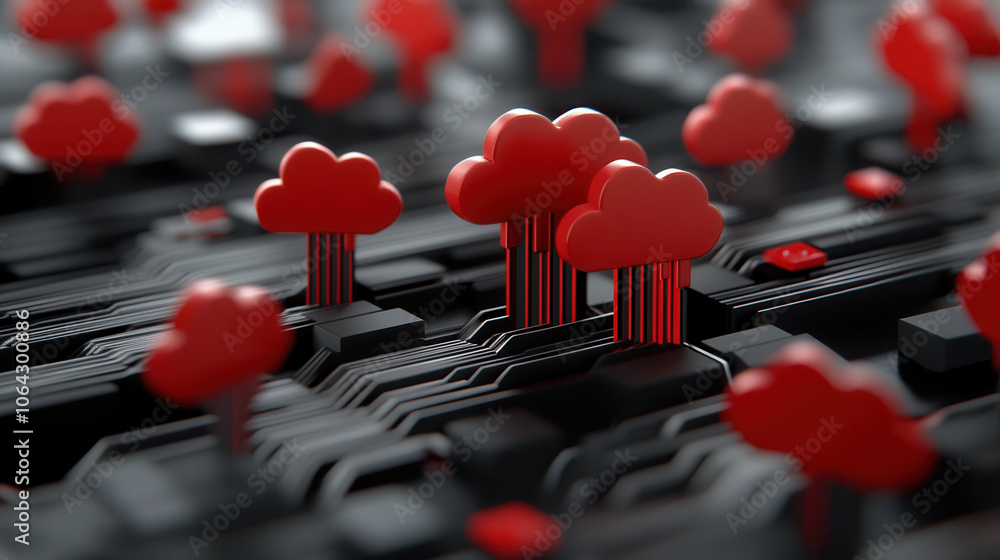Poster digital landscape featuring red cloud icons on circuit board, symbolizing cloud computing and technology. vibrant colors create striking visual impact