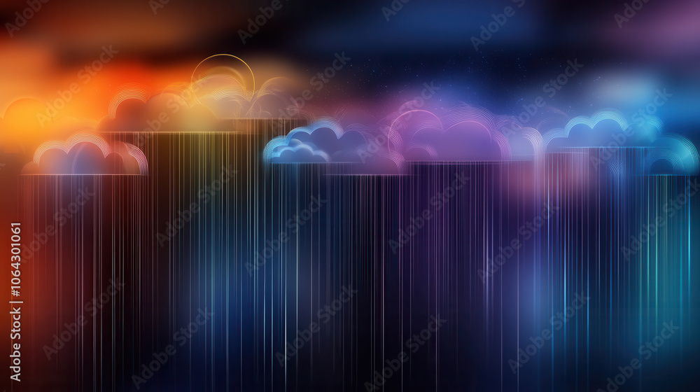 Poster vibrant digital scene depicting colorful clouds and cascading light, creating surreal atmosphere. bl
