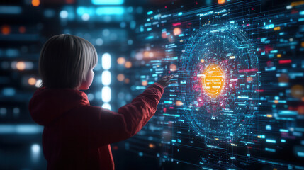 child in red jacket interacts with vibrant digital interface, showcasing advanced AI algorithms and glowing data patterns. scene evokes curiosity and wonder