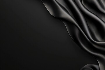Smooth wavy black silk or satin fabric. Luxury concept. Dark elegant material texture. Background with space for design, text, product. Flat lay, top view