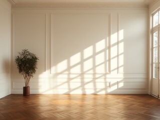 vertical empty frame on floor, interior, clean, direct sunlight, light, aesthetic