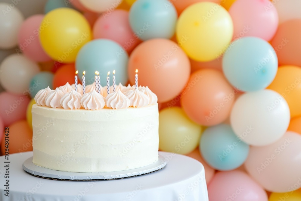 Poster a birthday cake with candles on it is sitting on a table in front of a colorful