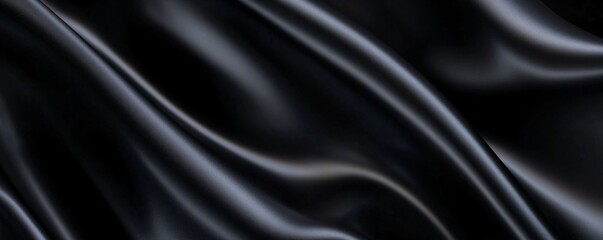 Smooth wavy black silk or satin fabric. Luxury concept. Dark elegant material texture. Background with space for design, text, product. Flat lay, top view